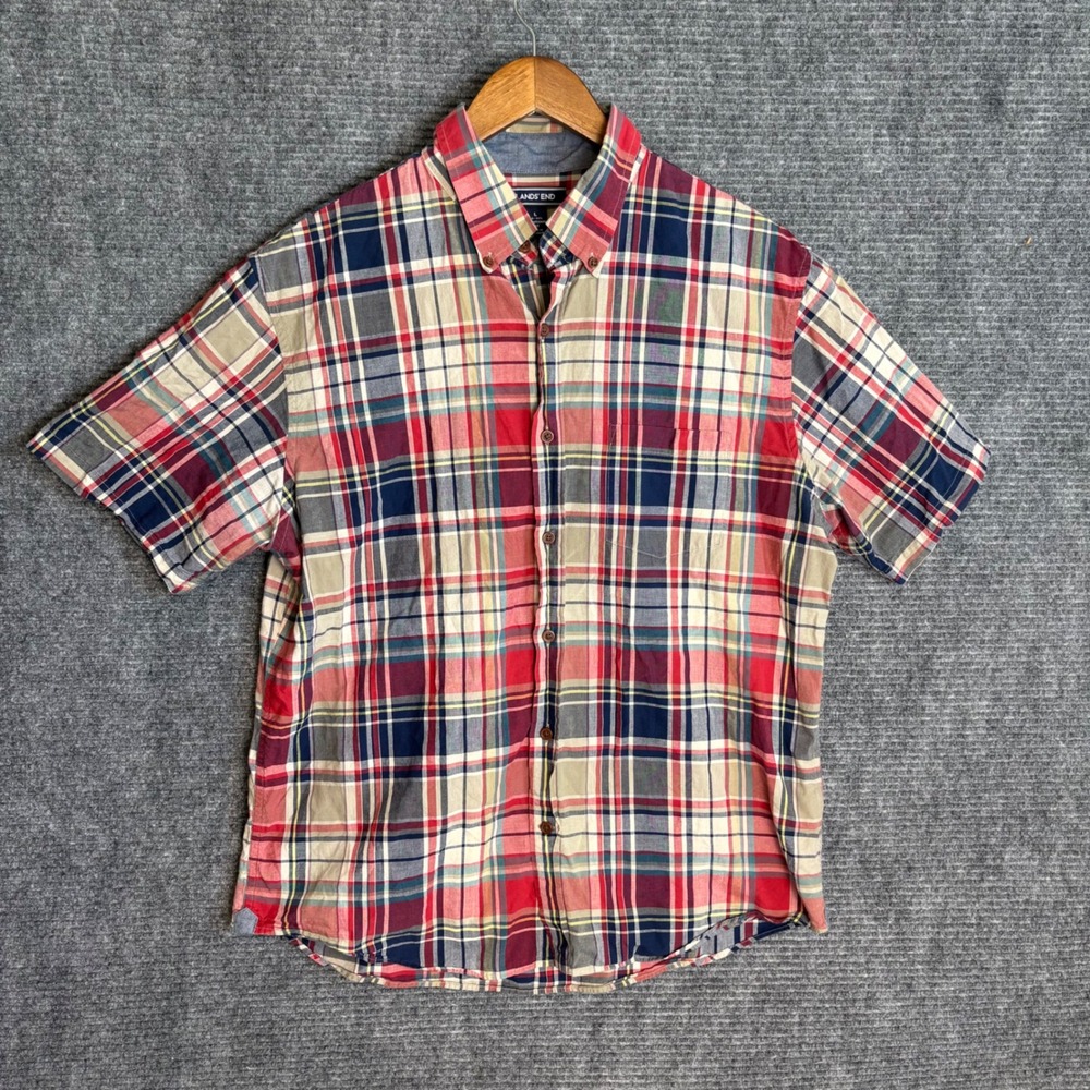 Lands End Mens Large Red Navy Blue Plaid Short Sleeve Button Down Shirt L